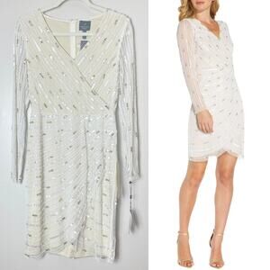 NWT ADRIANNA PAPELL DRESS WHITE SEQUIN BEADED BRIDAL WEDDING BRIDE ENGAGEMENT
